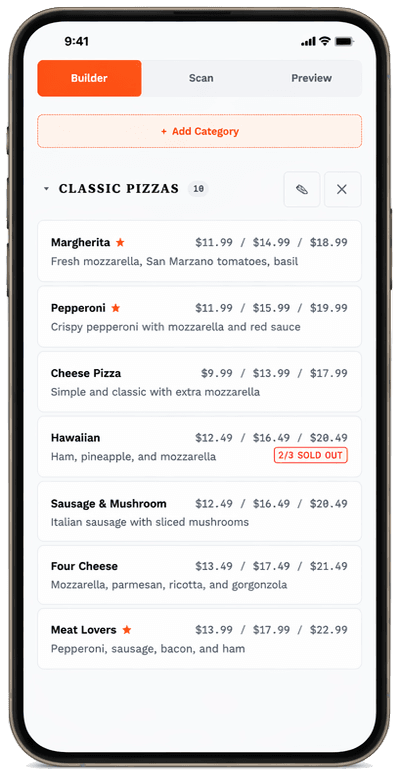 Phone screen showing the builder tab with a pizza category and per-item pricing.
